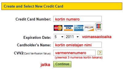 Syötä luotto- tai Visa Electron kortin tiedot kuvan mukaisesti