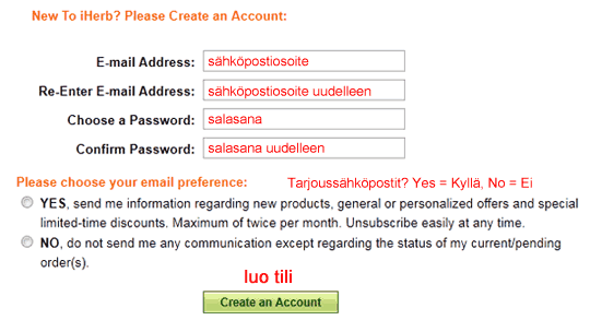 Syötä iHerb tilisi perustietosi kuvan mukaisesti