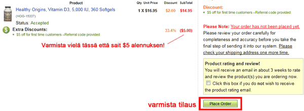 Vahvista iHerb tilauksesi painamalla "Place order"